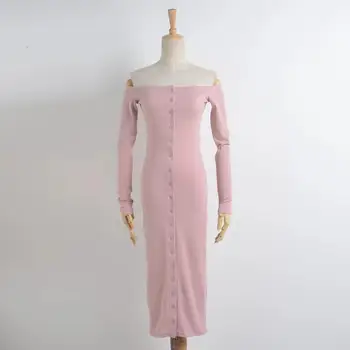 

Hot Selling European And American-Style Dress Women's Autumn And Winter New Style Slim Fit Horizontal Neck Breasted Midi Knit