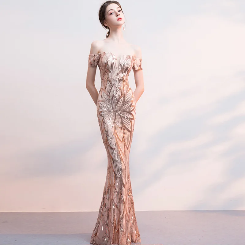 

Evening Dress 2019 Off The Shoulder Robe De Soiree Bling Sequin Elegant Evening Dresses Boat Neck Short Sleeve Evening Gown F241