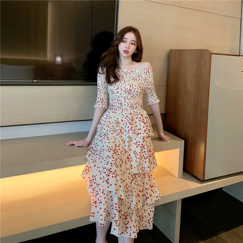 

Burst 2019 Spring And Summer Korean-style Sweet Retro Horizontal Neck Chiffon Floral-Print High-waisted off-Shoulder Dress Mid-l