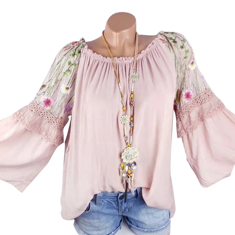 

Women Long Sleeves Shirts Embroidery Loose Casual Blouse Tops for Summer JS24