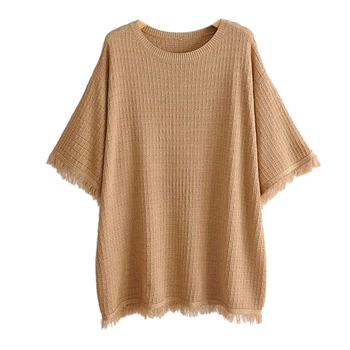 

Women Solid Oversized Knitted Thin Sweater O Neck Tassel Patchwork Half Sleeve Pullover Elegant Loose Tops FFZSY407