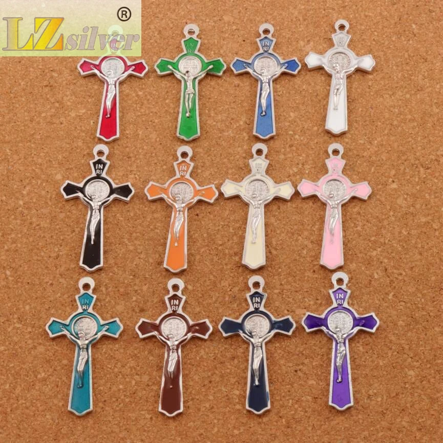 12Colors Crucifix Enamel Saint Benedict Medal Cross Charm Beads 64pcs 51x27mm Two-Sided Pendants Jewelry DIY L423