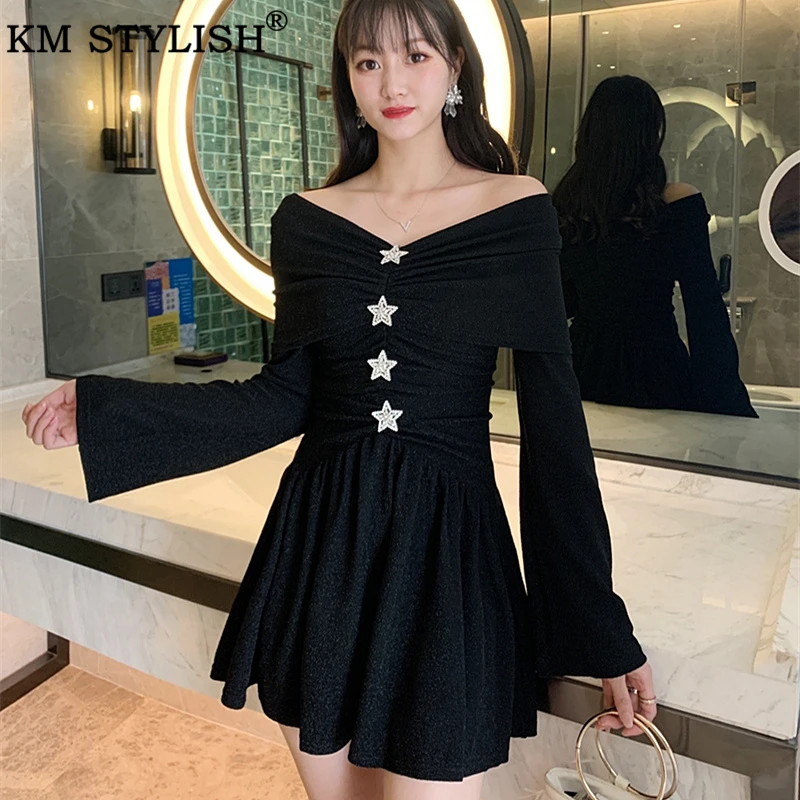 Ropa mujer otoño/invierno nuevo vestido estrella de crepé con hombros descubiertos negro rojo con cuello Salash - AliExpress Ropa de mujer