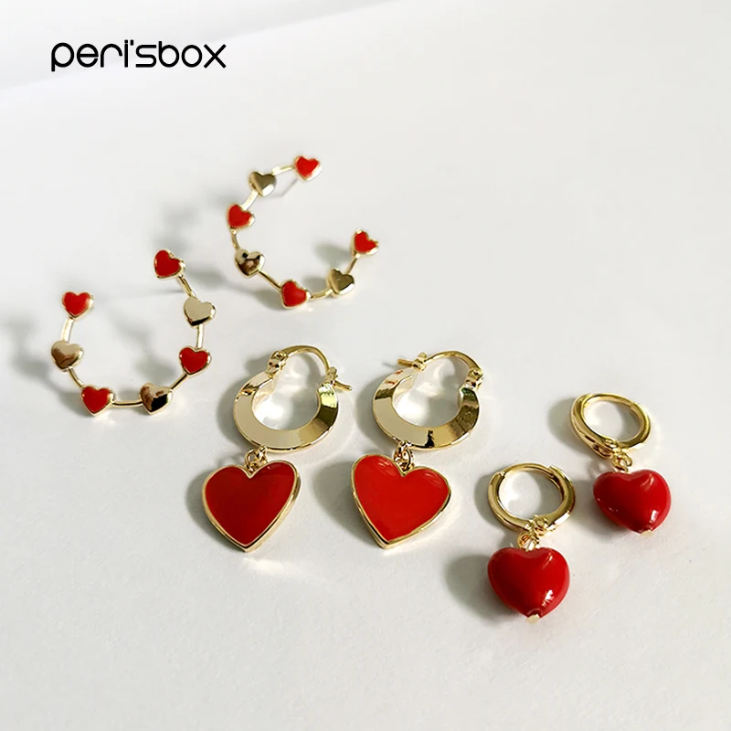 Peri'sBox 3 вида конструкций серьги-кольца с эмалированным красным сердечком маленькие Изящные серьги акриловые капли Золотые круглые минималистичные серьги