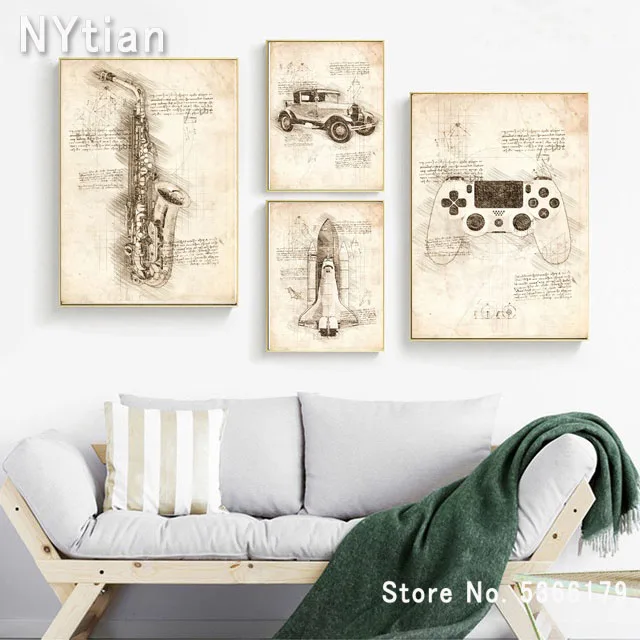 

NT313 Trombone Sketches Saxophone Drum Space Shuttle Oil Painting Poster Print Canvas Wall Art Picture Living Home Room Decor