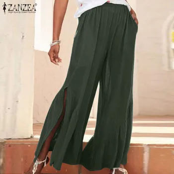

ZANZEA Fashion Wide Leg Pants Women Summer Trousers Casual Elastic Waist Solid Long Pants Loose Split Hem Pantalon Streetwear