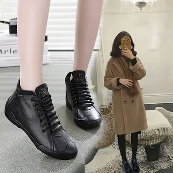 

2019 autumn new leather women's shoes casual women's shoes flat bottom high-top women's tide sneakers