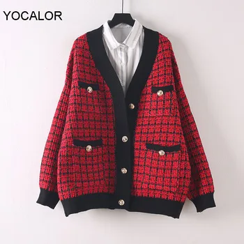 

yocalor Fashion Women Cardigan Sweater Coats Korean Wild Casual Ladies Sweaters 2020 New Spring and Autumn Plaid Tops