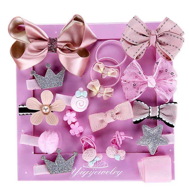 

2019 Baby Accessories Cute 18Pcs/Set Kids Infant Princess Hairpin Baby Girls Bowknot Flower Motifs Hair Clip Set Gift Box Props
