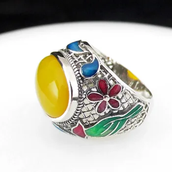 

FNJ enameling Rings 925 Silver Original S925 Thai Silver Ring for Women Jewelry Naturan Yellow Agate