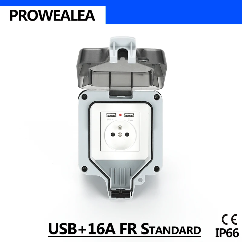 

Weatherproof Socket IP66 USB 16A FR Standard Waterproof Socket Outdoor Wall Power Socket Electrical Outlet Grounded