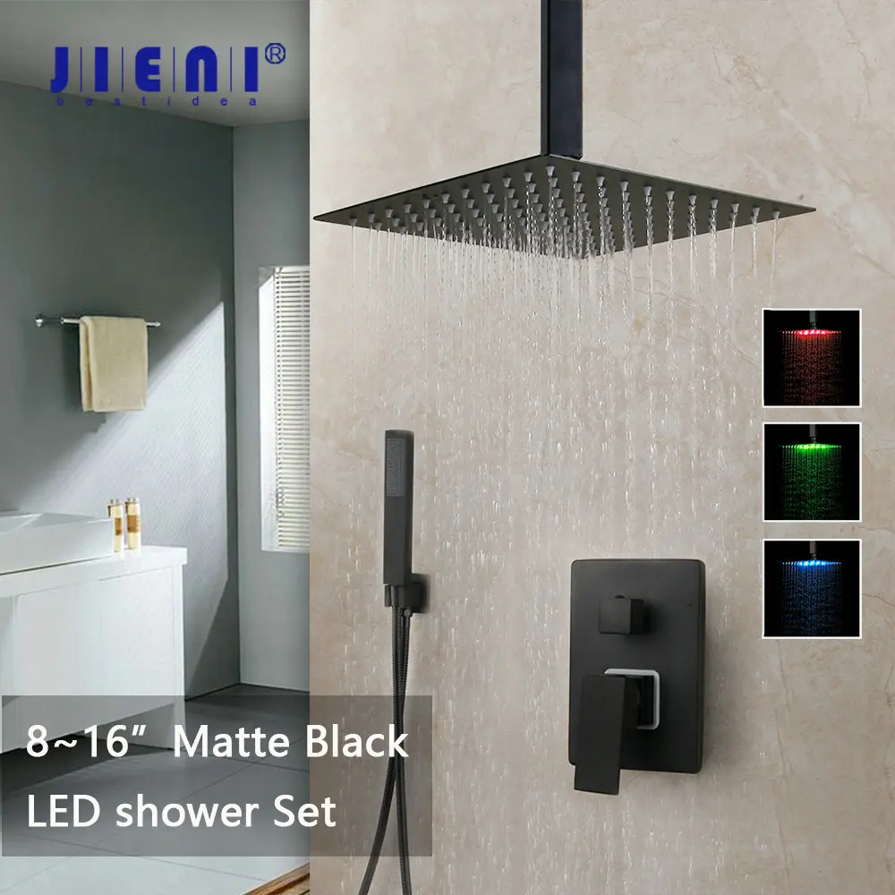 16" Bathroom Rain Mixer Shower Matte Black LED Faucet Set Handheld Head Tap Unit 