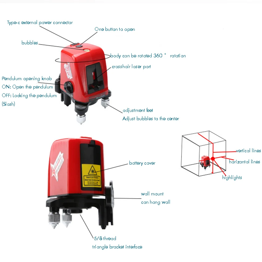 3D Красный Луч самонивелирующийся лазерный уровень 635 нм 360 градусов вращающийся Горизонтальный Вертикальный перекрестный лазер, порт type-C или аккумулятор