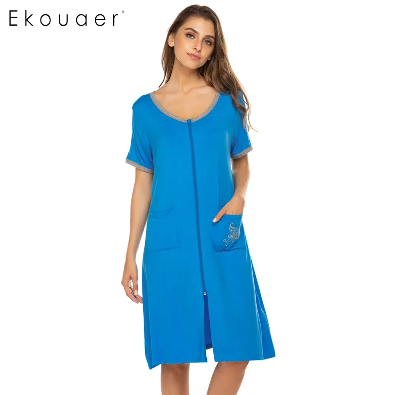 Dark Sky Blue Ekouaer, Женская сорочка, хлопковая ночная рубашка с круглым вырезом, с коротким рукавом, на молнии спереди, свободная ночная рубашка, женская ночная рубашка, домашняя одежда - Цвет: Dark Sky Blue