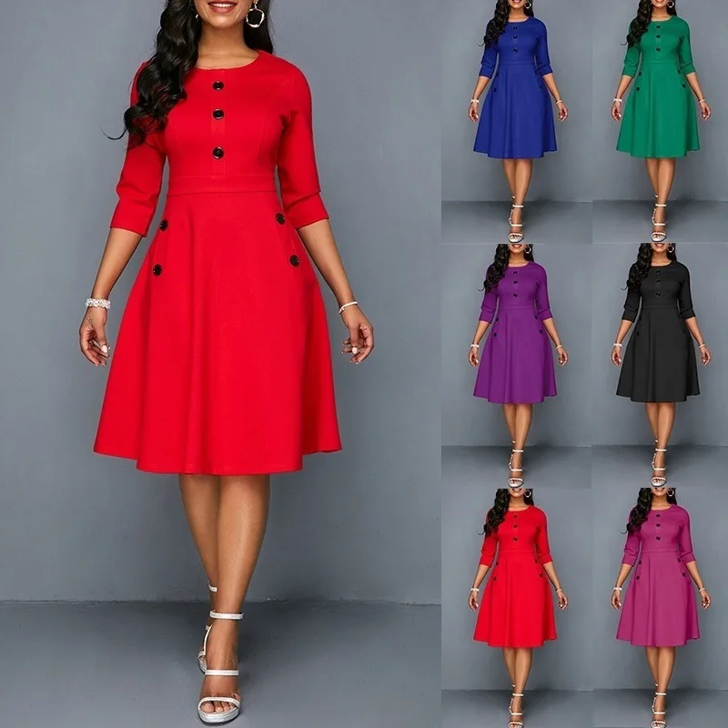 

Autumn And Winter Office Ladies O-neck Solid Color Women Dress Seven-point Sleeves Buttoned Waist A-line Dress 2019 Plus Size
