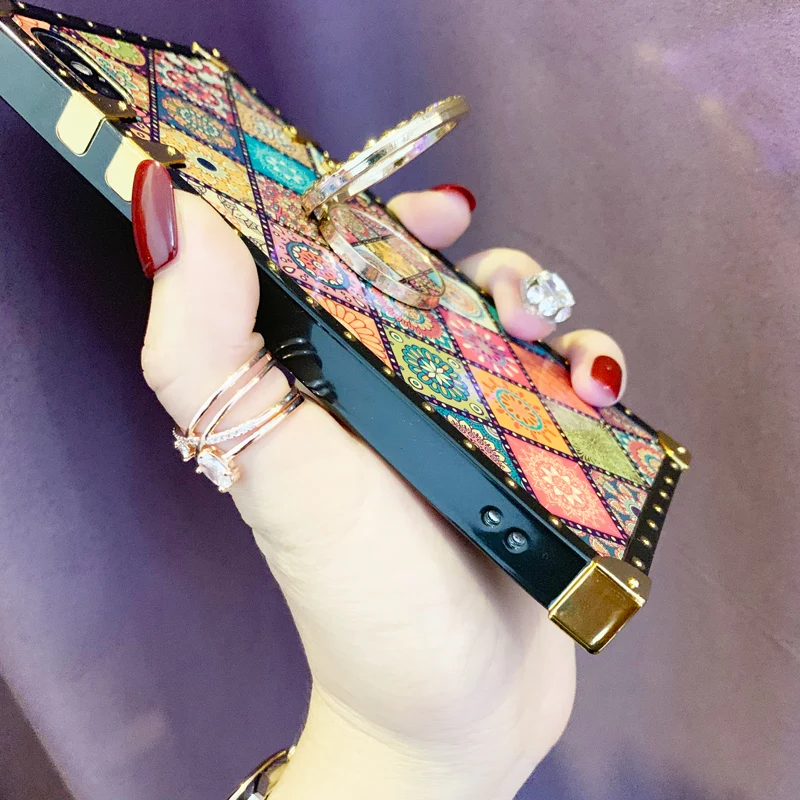Case For iPhone Xr Xs Max Cover Blue Ray Square Rivet Chinese Style Girly Shiny Ring Stand Case For iPhone X Xs 7 8 Plus 6S Case (7)