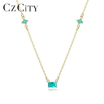 

CZCITY Korean Design 925 sterling silver Green Topaz Square Pendant Necklaces for Sweet Girls Thin Chain Fine Jewelry SN0124