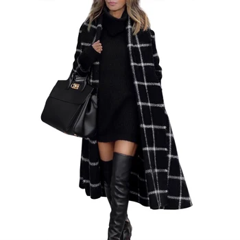 

2019 Winter Women Big Loose Wool Jacket Grid Sanding Female Outwear Coat With Trun Down Collar Lengthen Pattern Street Style