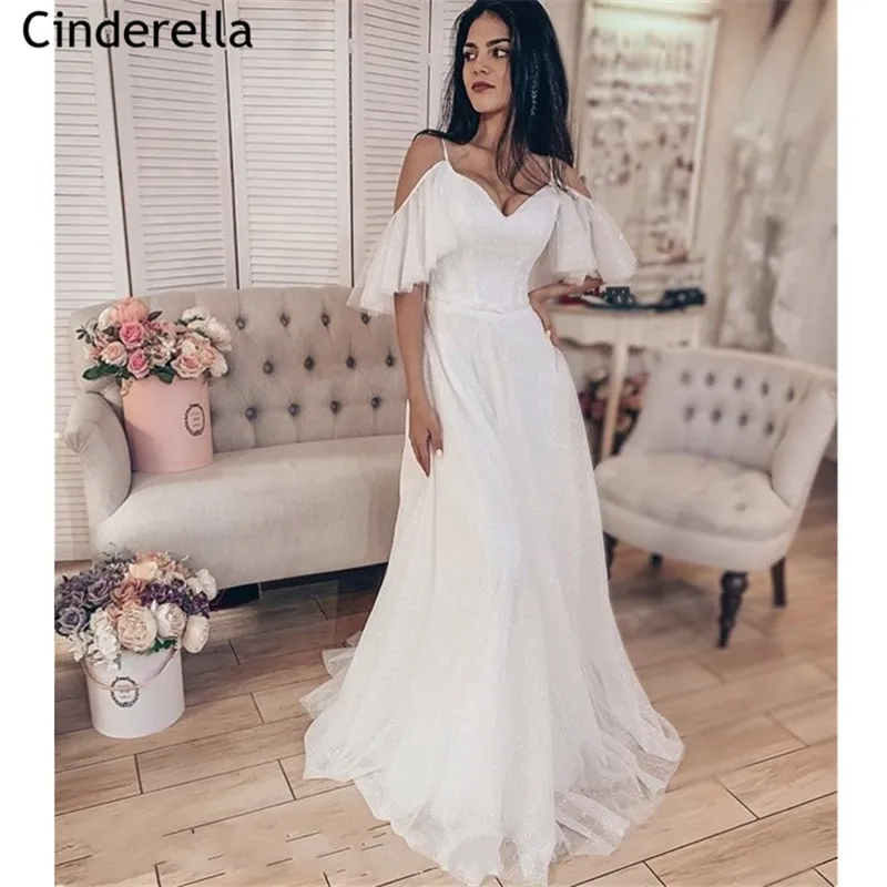 

Shining Gorgeous V-Neck Spaghetti Straps Zipper Back A-Line Floor Length Sequins Fabric Wedding Dresses vestido de noiva