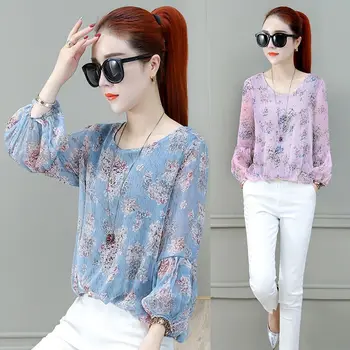 

Women's Fashion Casual Floral Top Wild Loose Round Neck Long Sleeve Slim Perspective Chiffon Shirt