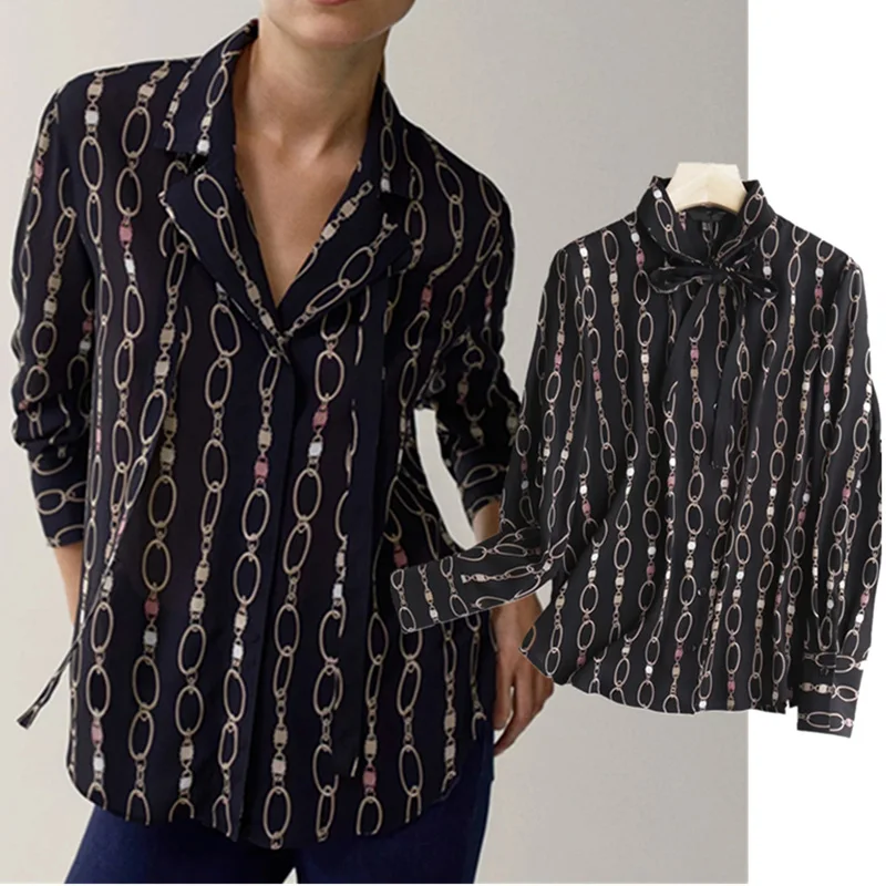 

New Autumn Blouse Women England Style Office Lady Casual Fashion Elegant Chain Printing Bow Blusas Mujer De Moda 2020 Shirt