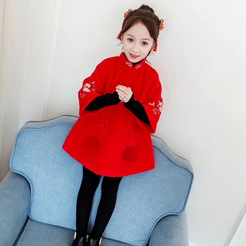 Зимнее платье принцессы для девочек в китайском стиле с красным помпоном; сезон осень-весна; красные новогодние рождественские костюмы; винтажные Детские платья с вышивкой