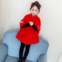 Зимнее платье принцессы для девочек в китайском стиле с красным помпоном; сезон осень-весна; красные новогодние рождественские костюмы; винтажные Детские платья с вышивкой