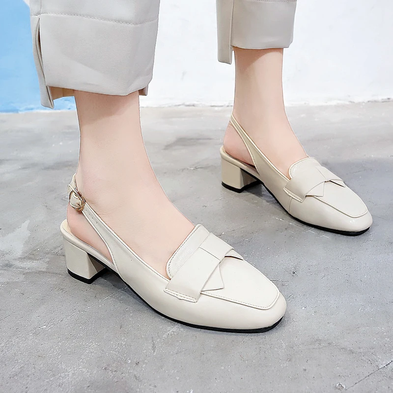 

Women Summer Footwear Ladies High Heels Woman Fashion Heel Buckle Square Head Casual Pumps Women's Loafers zapatos mujer U22-38