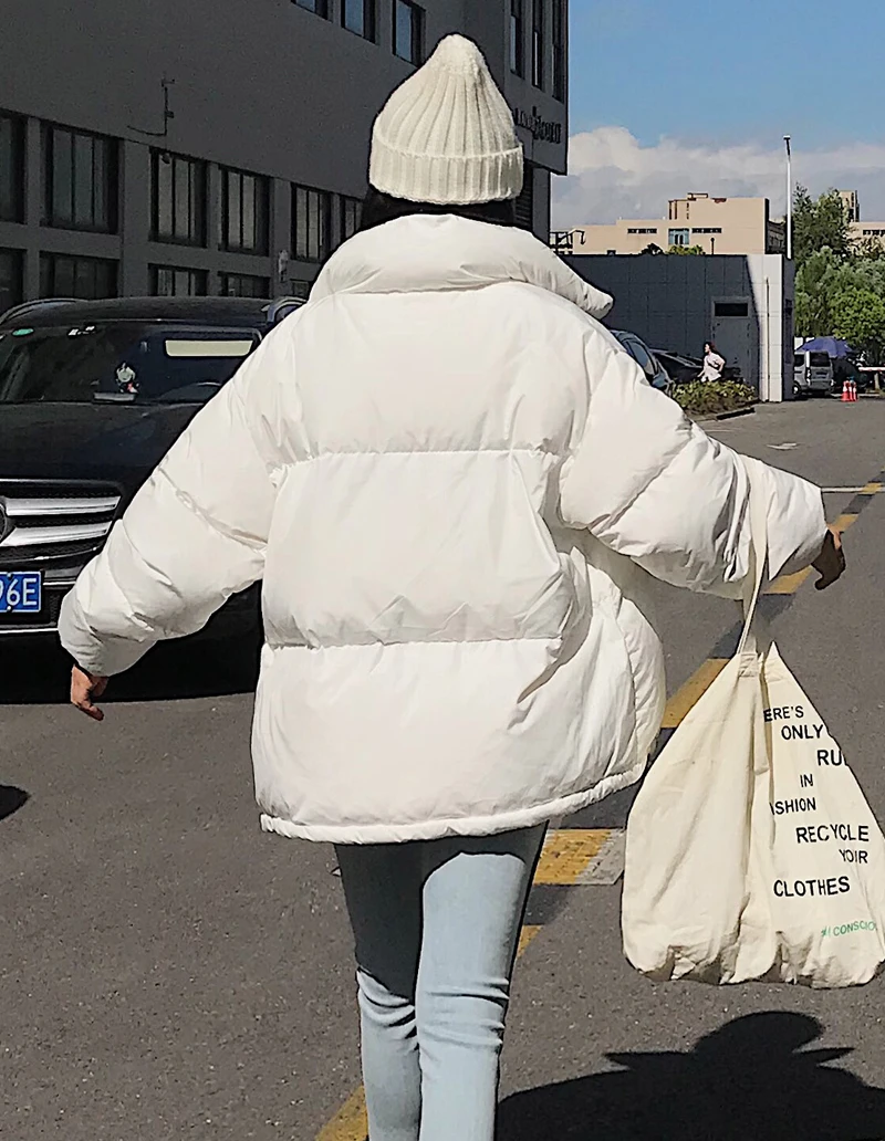 Корейский стиль, зимняя женская куртка со стоячим воротником, однотонная, черная, белая, женский пуховик, свободный, негабаритный, женская короткая парка