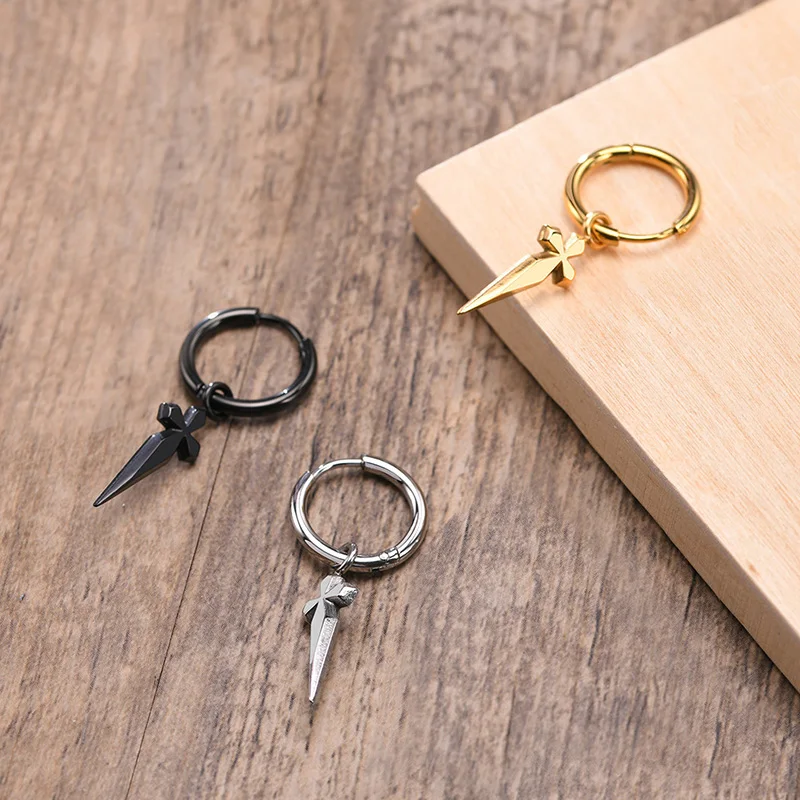 Men Huggie Hoops Earring, Minimal Sword Cross Dangles Earrings, Stainless Steel Men's Biker Jewelry - Image 6