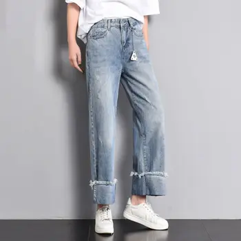 

2020 Summer Autumn Women Casual Blue Cropped Straight Pants High Waist Pockets JeansLoose Plus Size Pants*