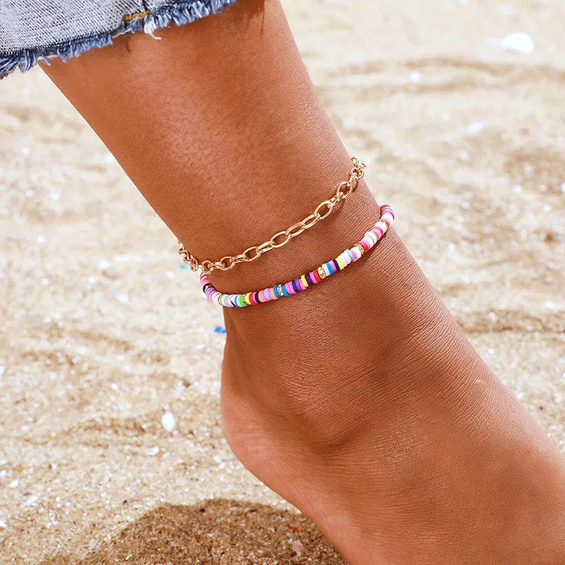 2 Pcs/set New Handmade Polymer Clay Anklet For Women Boho Colorful Chain Ankle Bracelet Femme Halhal Jewelry 2 Pcs/set New Handmade Polymer Clay Anklet For Women Boho Colorful Chain Ankle Bracelet Femme Halhal Jewelry