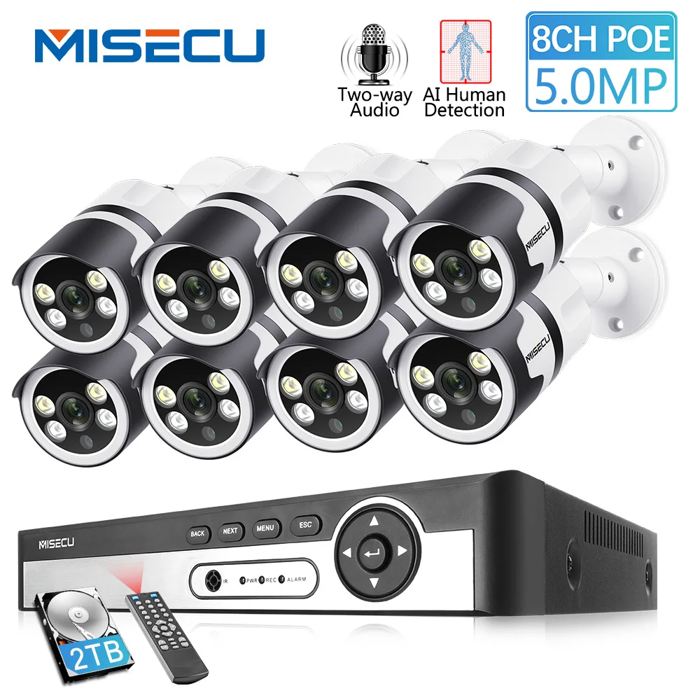 

MISECU H.265 8CH 5MP POE NVR Kit CCTV Security System Two-way Audio AI IP Camera Outdoor Color Night P2P Video Surveillance Set