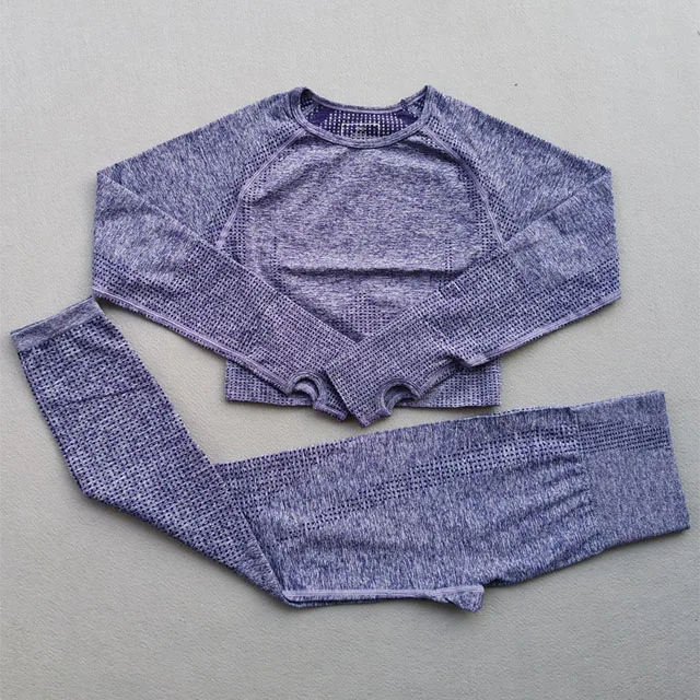 Purple 2Pcs set Женский комплект для йоги, бесшовные леггинсы+ укороченные рубашки с длинными рукавами, одежда для спортзала, тренировочный костюм для занятий йогой, Женский комплект для фитнеса, одежда для активного отдыха - Цвет: Purple 2Pcs set