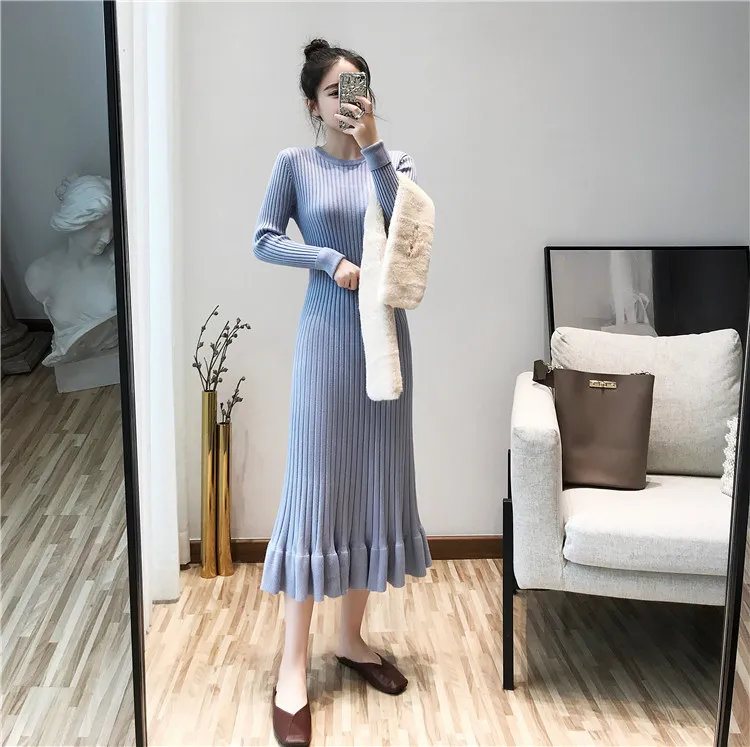 Spring autumn winter thick mermaid maxi sweater dress women o-neck long sweater dress elegant female slim sexy knit dress