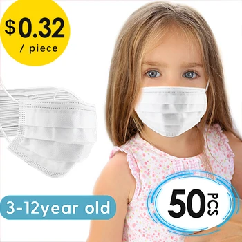 

50PCS Kids Disposable Face Mask Children Masks 3 Layer Elastic Mouth Mask Anti-Flu Virus Breathable PM2.5 Nonwoven Boys Girls