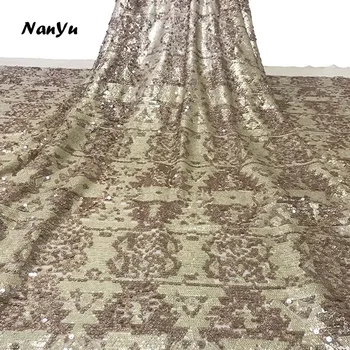 

Gold Sequin Lace Fabric African 3mm+5mm Sequins Tulle Lace Fabric For Women Dress