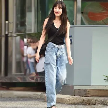 

WOMENGAGA 2020 New Jeans Hole Straight Korean Vintage High Waist Patchwork Loose Streetwear Womens Trousers Pocket Casual A470