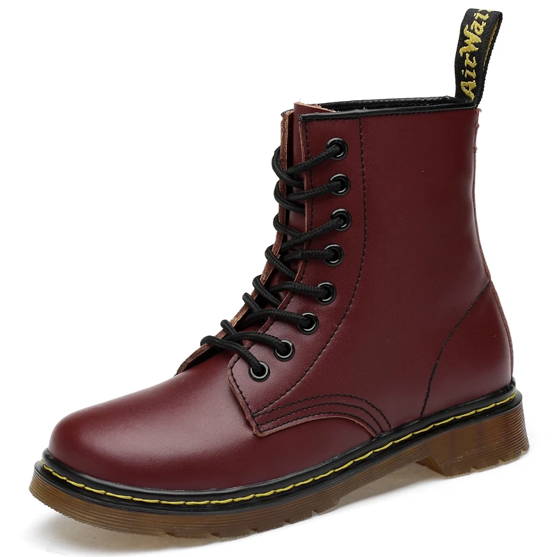 Ankle Boots Genuine Leather Autumn Winter Men's Women's Martin Boots Fashion Motorcycle Boots Outdoor Working Snow Boots - Color: Burgundy