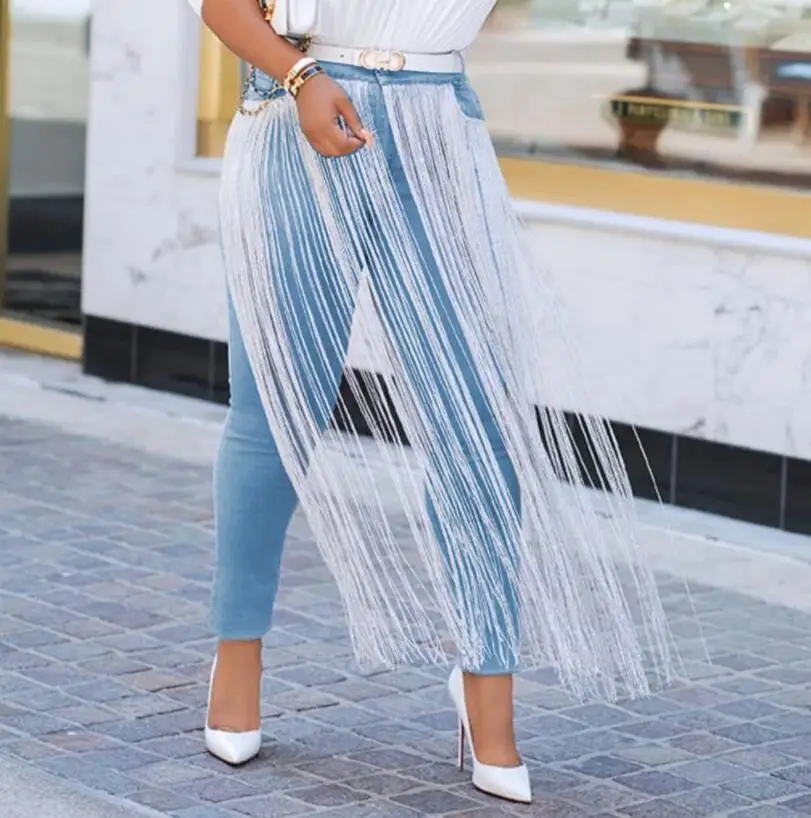 

2019 autumn Fashion Tassels Womens Denim Jeans Skinny Elastic High Waist Pencil Pants Plus Size Ankle- Length Trousers p1554