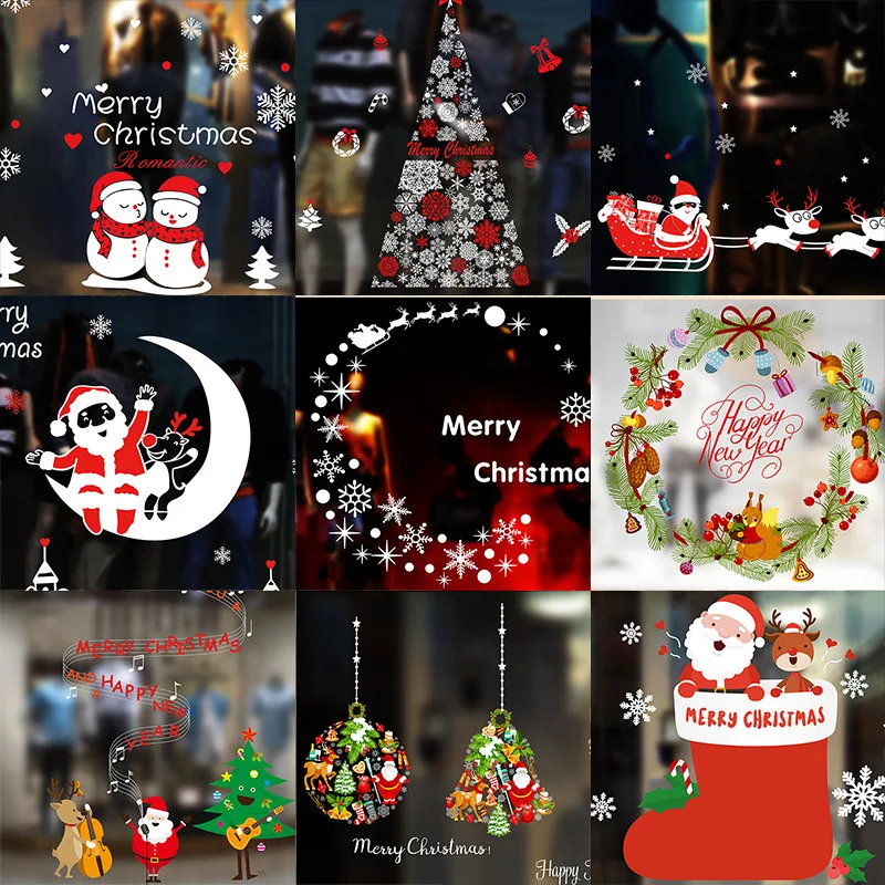 

New Window Wallpaper Stickers Christmas Shopping Mall Bar Windows Background Wall PVC Santa Claus Snowman Decoration 2019 Hot