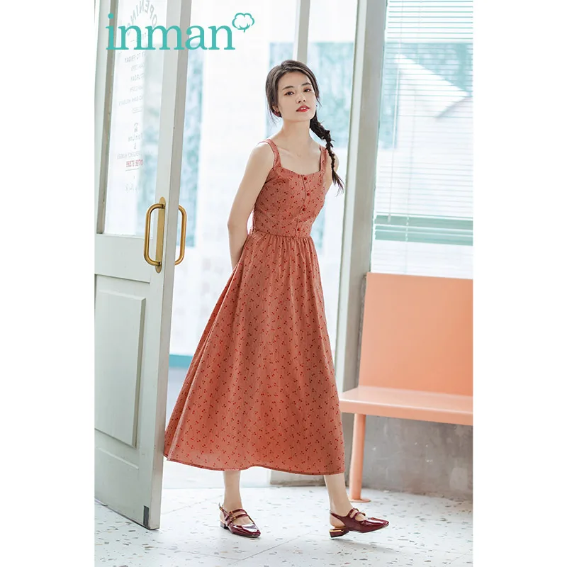 INMAN Summer Square Collar High Waist Print SweetCool A-line Slip Dress | Женская одежда