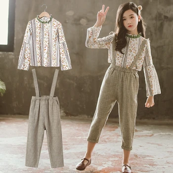 

Children's Sets Girls Floral Suspenders Suits Autumn Kids Literary Clothes Blouse Cute Tops+Pants With Braces Trousers Elegant