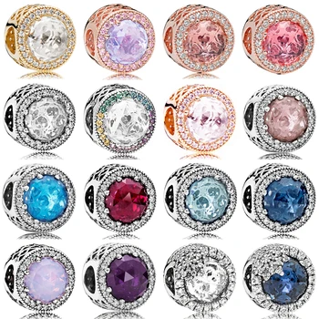 

NEW 100% Real 925 Sterling Silver Round Multicolor Charms Beads Clear CZ Fit Brand Bracelet Original Jewelry Set Gift