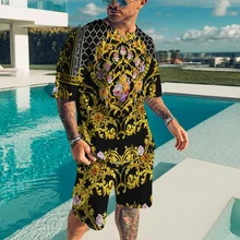 Sportswear Two-Piece Suit Men's O-Neck Gold Flowers and Plants Art Print Polyester Loose Oversized Adult, Youth, Shopping