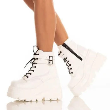 

Women Ankle Boots High Wedges Platform Zip Leather Short Boots Fashion Autumn Thick Bottom Lace Up Women Winter Shoes Booties