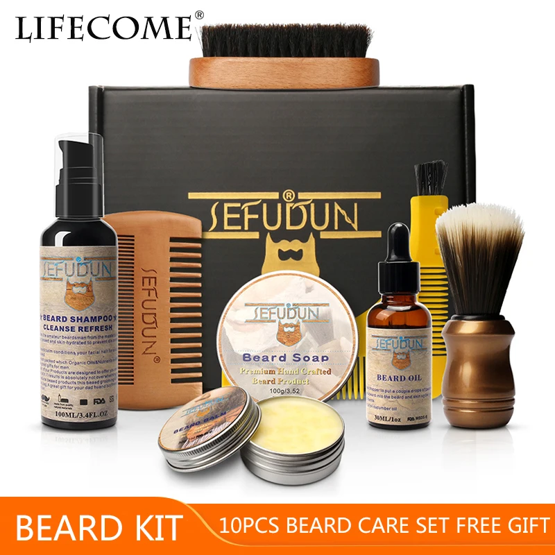 

10pcs/set Men Beard Kit Barba Beard Brush Comb Beard Oil Shampoo Beard Soap Soft Brush Beard Balm Shape Style Styling Beard Kit