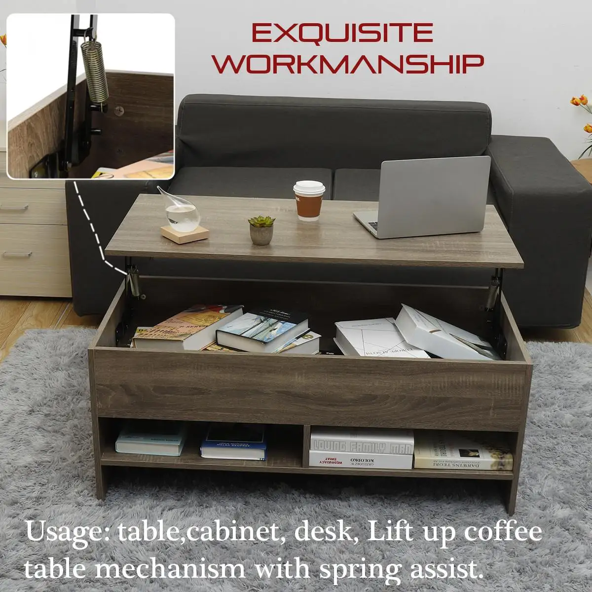 

105x50x45cm Nordic Modern Adjustable Lifting Tea Table Sofa Side Table Living Room Multifunctional Furniture with Storage Space