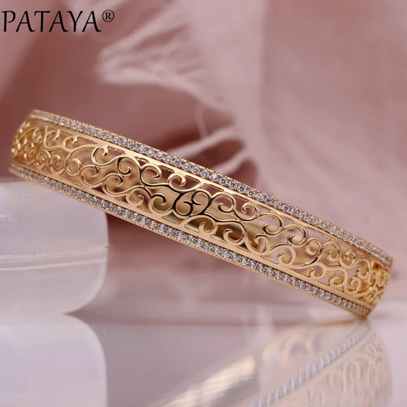 PATAYA New Hollow Bangles 585 Rose Gold Natural Zircon Women Bangles Carving Pattern Wedding Luxury Fine Classic Fashion Jewelry