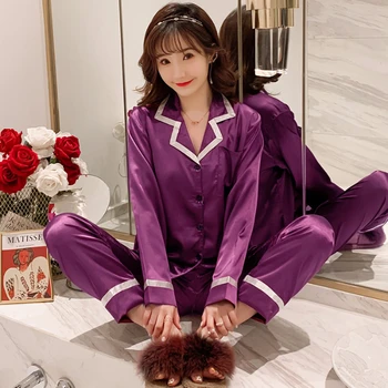 

Violet Women Pajamas Set Girl Silk Satin Pyjama Sleepwear lady long sleeved Loungewear Solid Color Comfortable Soft High Quality
